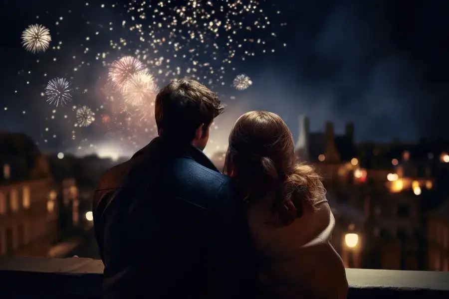 A Coble watching a fireworks during night time in American Holidays (New Year)